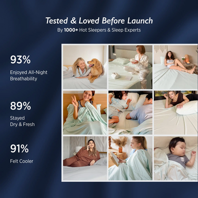 Collage of people using a product with statistics on comfort and features, set against a dark blue background.  Ashley Graham Pick Breescape Cooling Pillowcase #color_twilight-blue