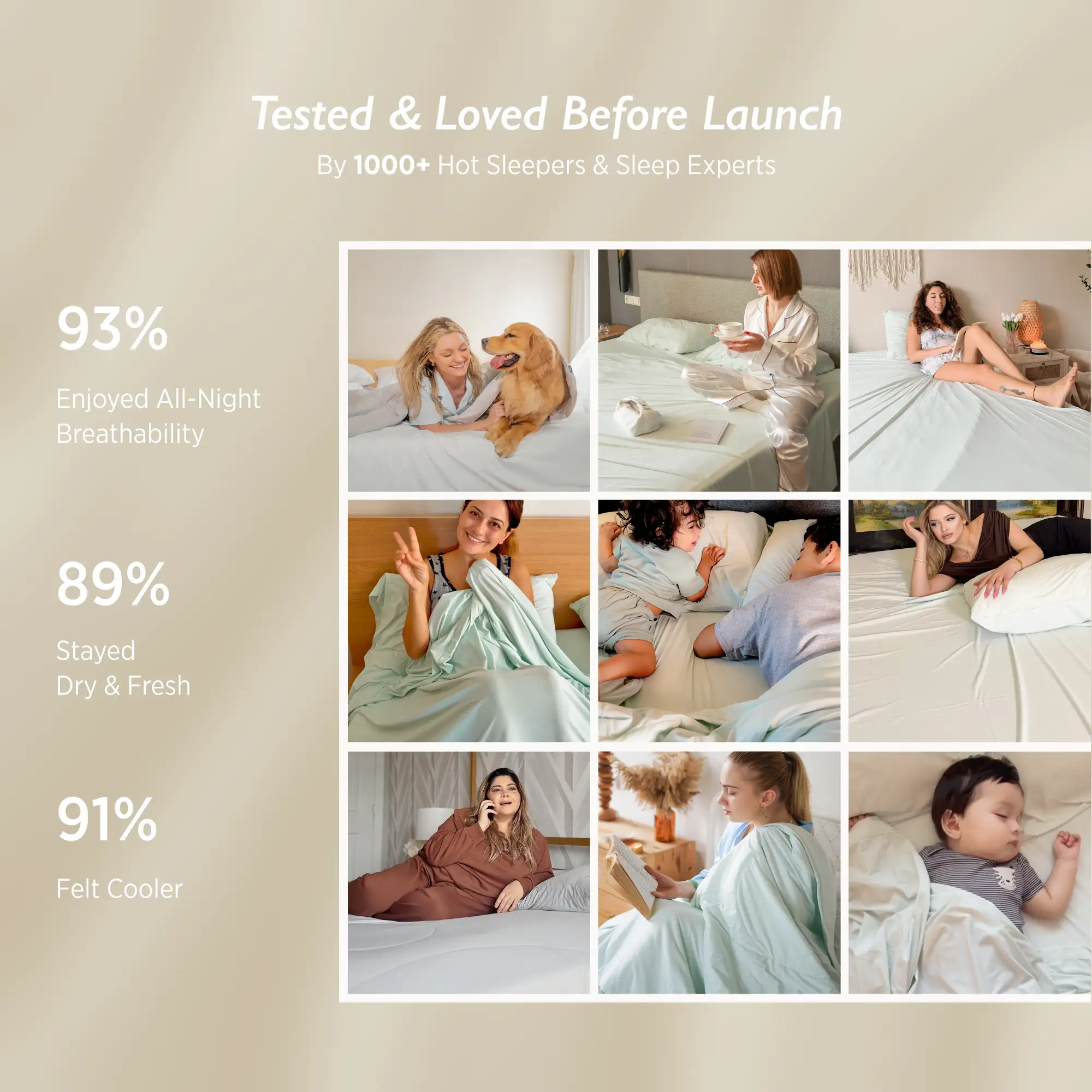 Collage of people using a product with text on top and bottom, featuring a neutral background. #color_ivory