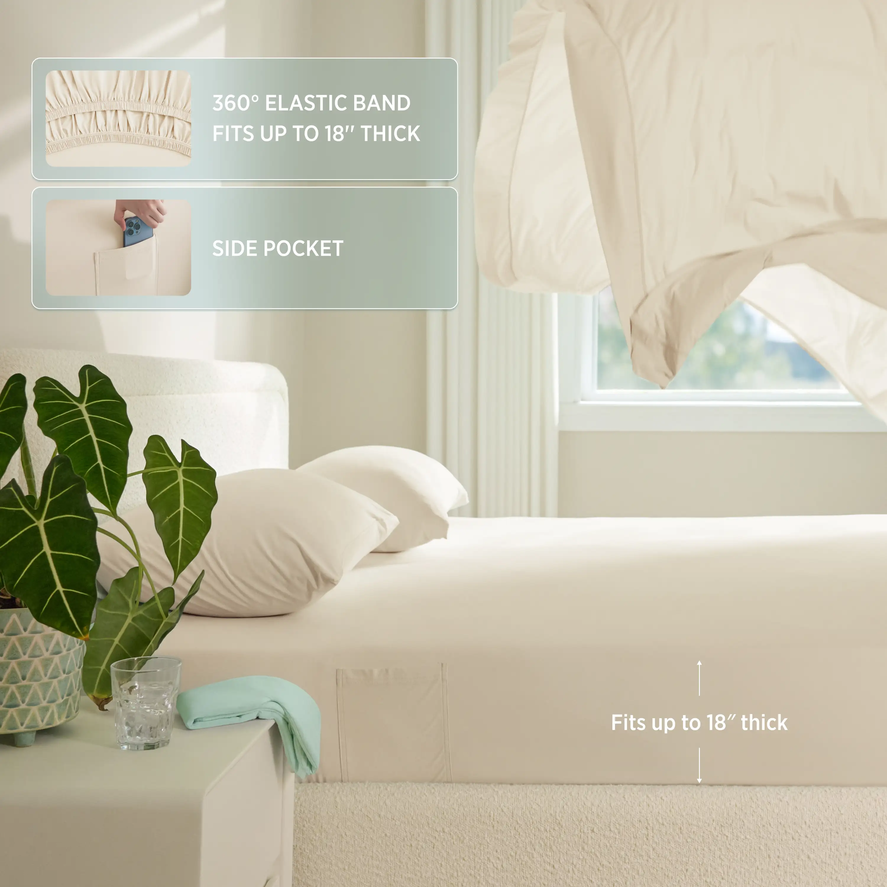 Beige fitted sheet with elastic band and side pocket on a bed in a bedroom setting. #color_ivory