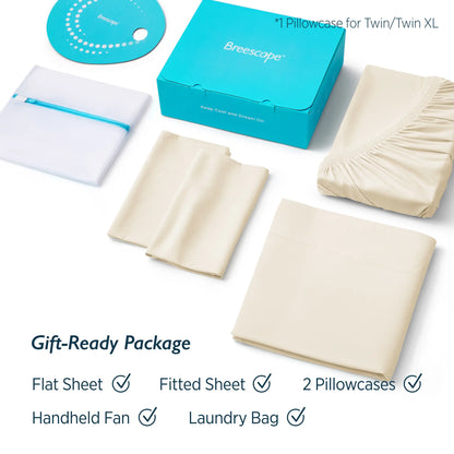 Breescape bedding set with flat sheet, fitted sheet, pillowcases, handheld fan, and laundry bag on a white background. #color_ivory