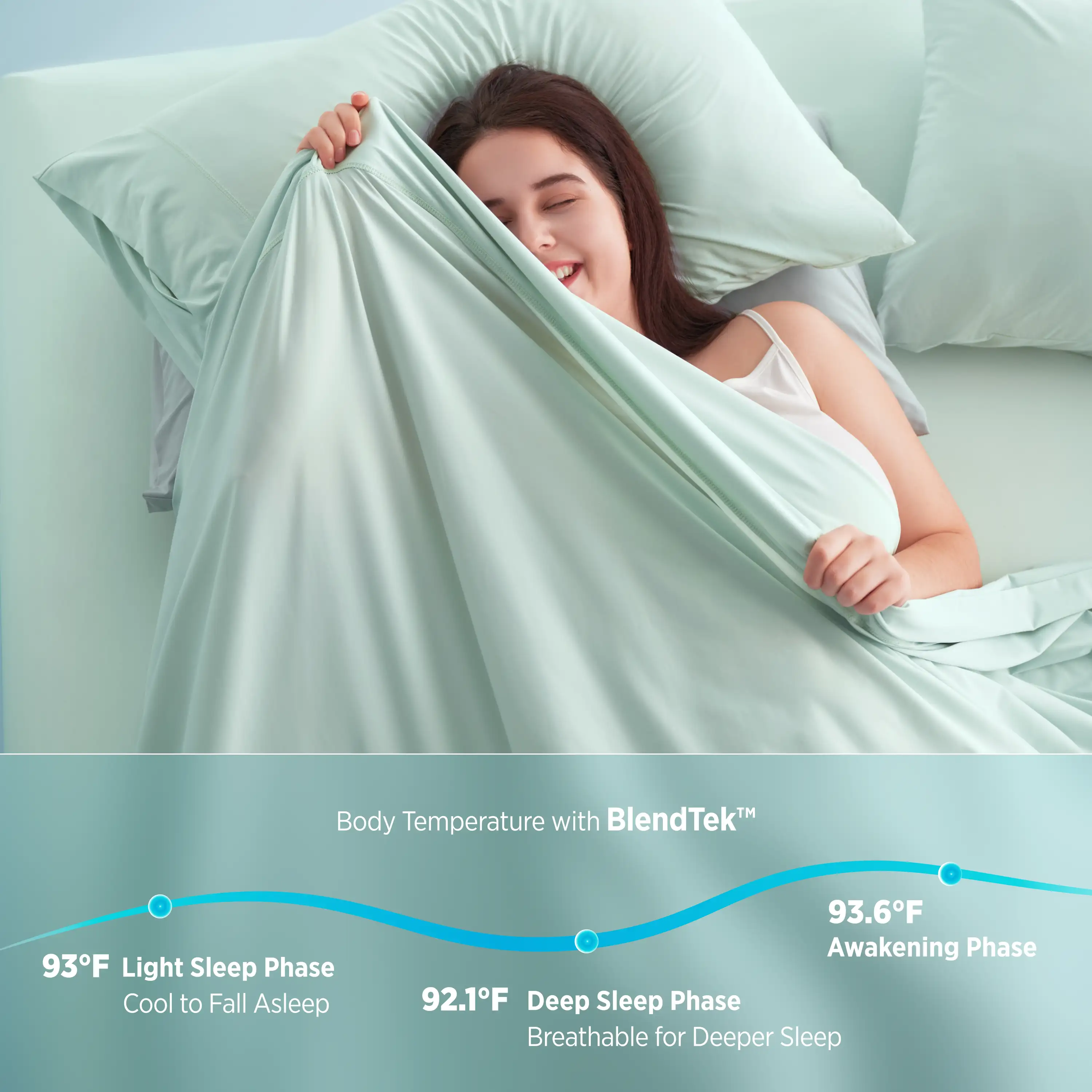 Woman in bed with a BlendTek mattress, showing temperature phases.  #color_mint-green