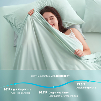 Woman in bed with a BlendTek mattress, showing temperature phases.  #color_mint-green