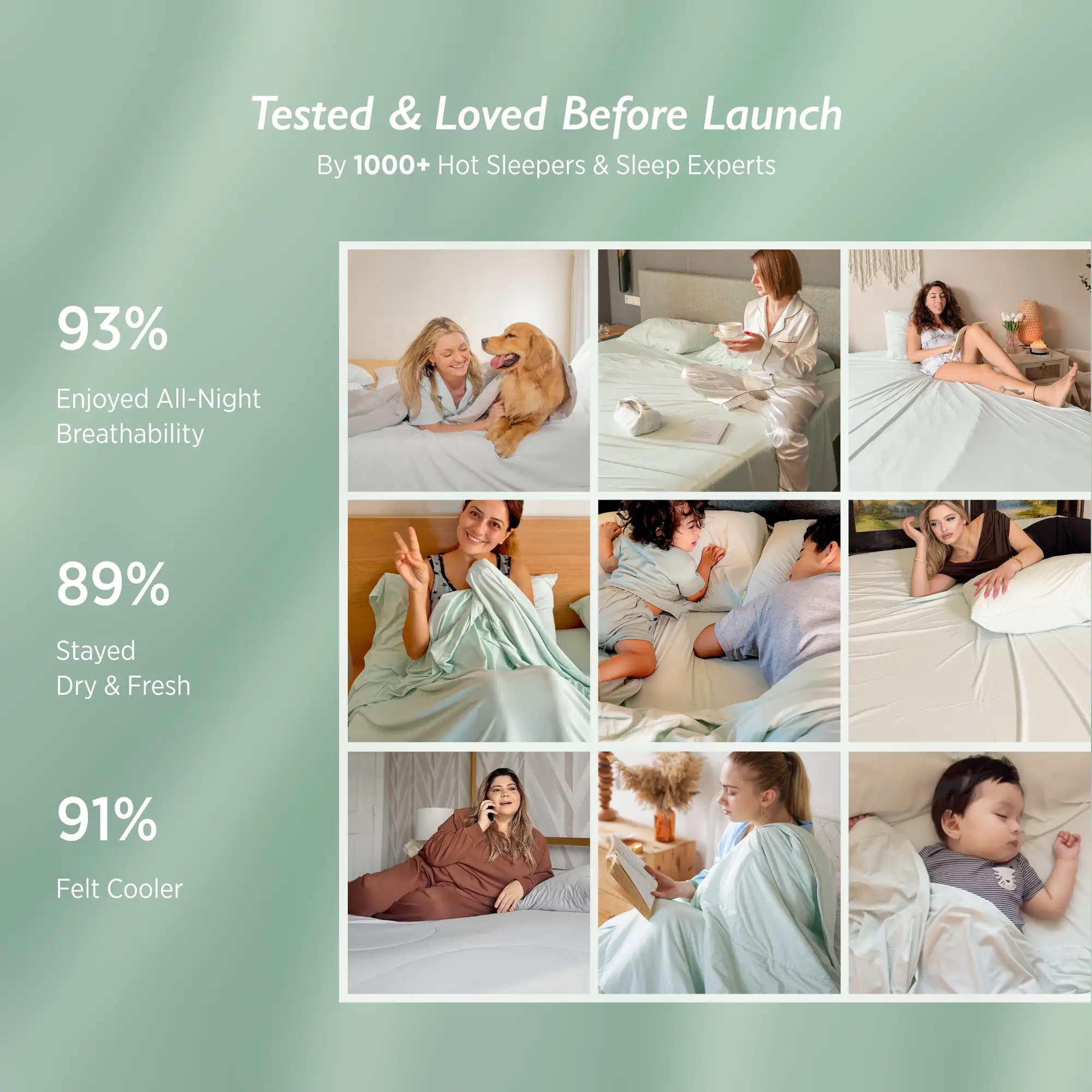 Collage of people using a product with text on a green background  #color_mint-green