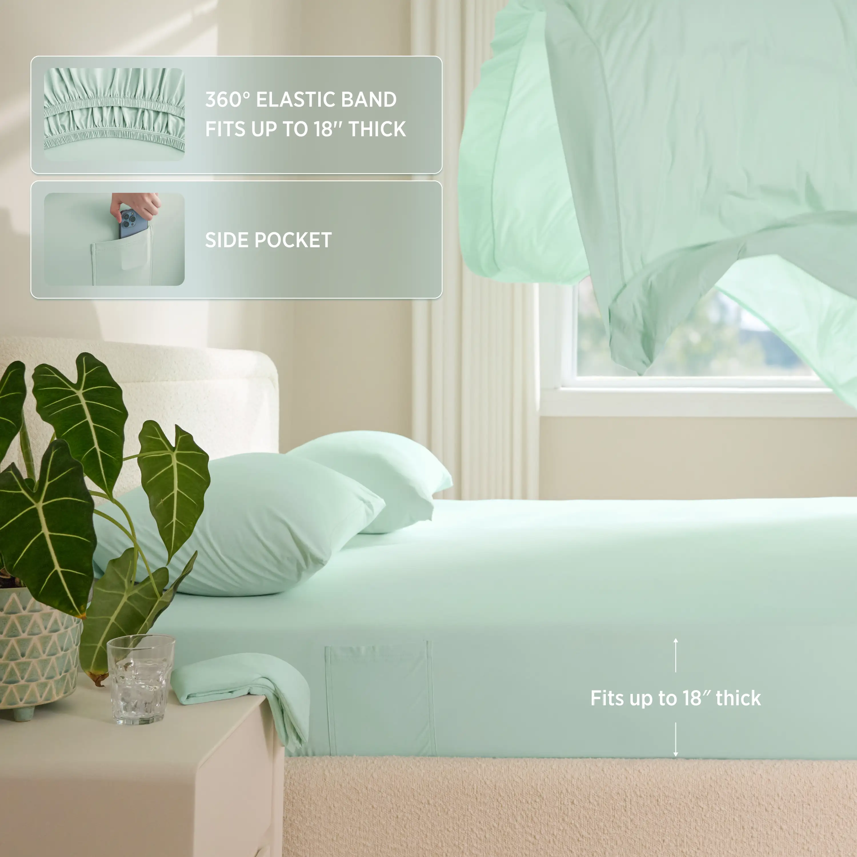Mint green bedding set with elastic band and side pocket feature on a bed in a bedroom.  #color_mint-green