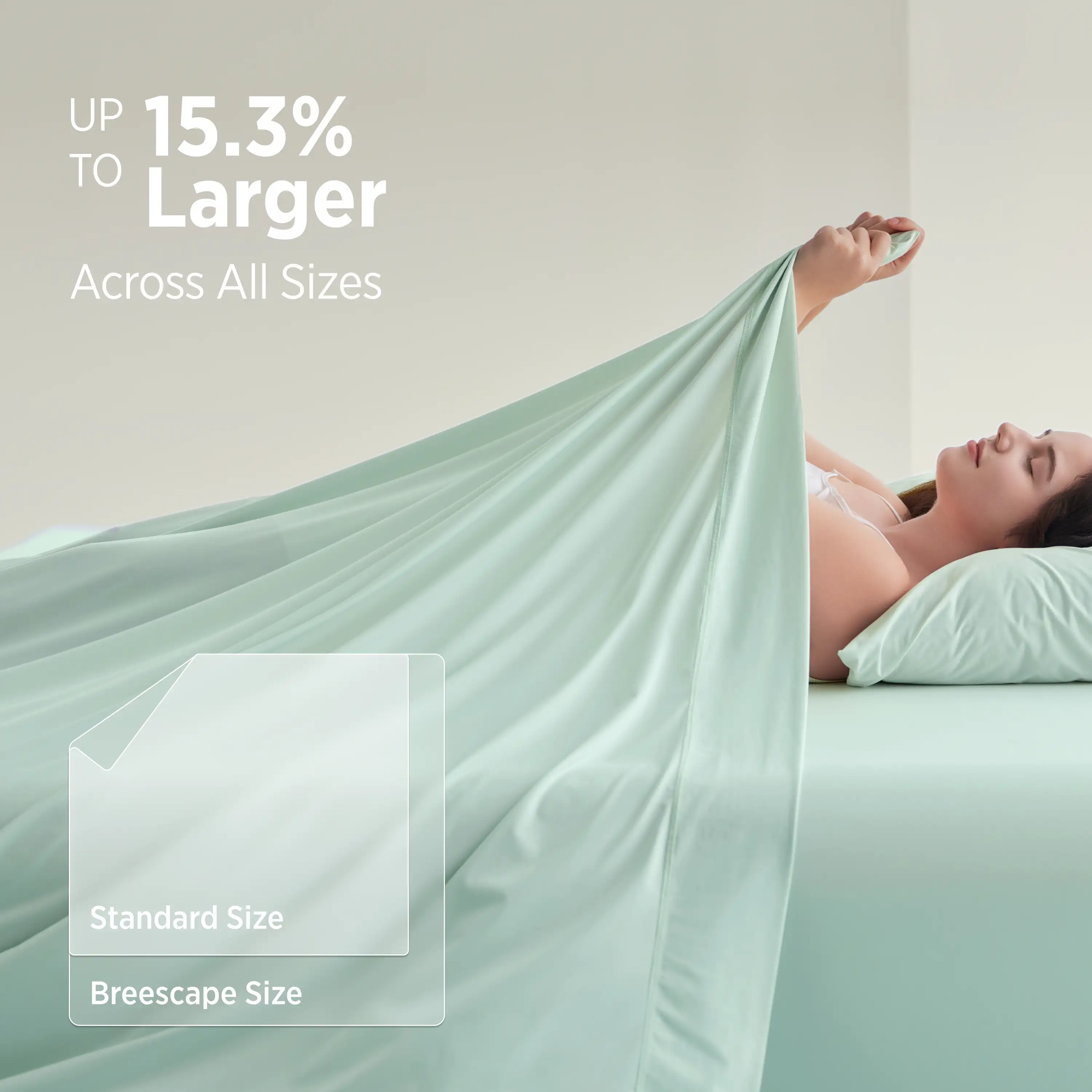 Person lying in bed with a green sheet, showing a comparison between standard and Breescape sizes.  #color_mint-green