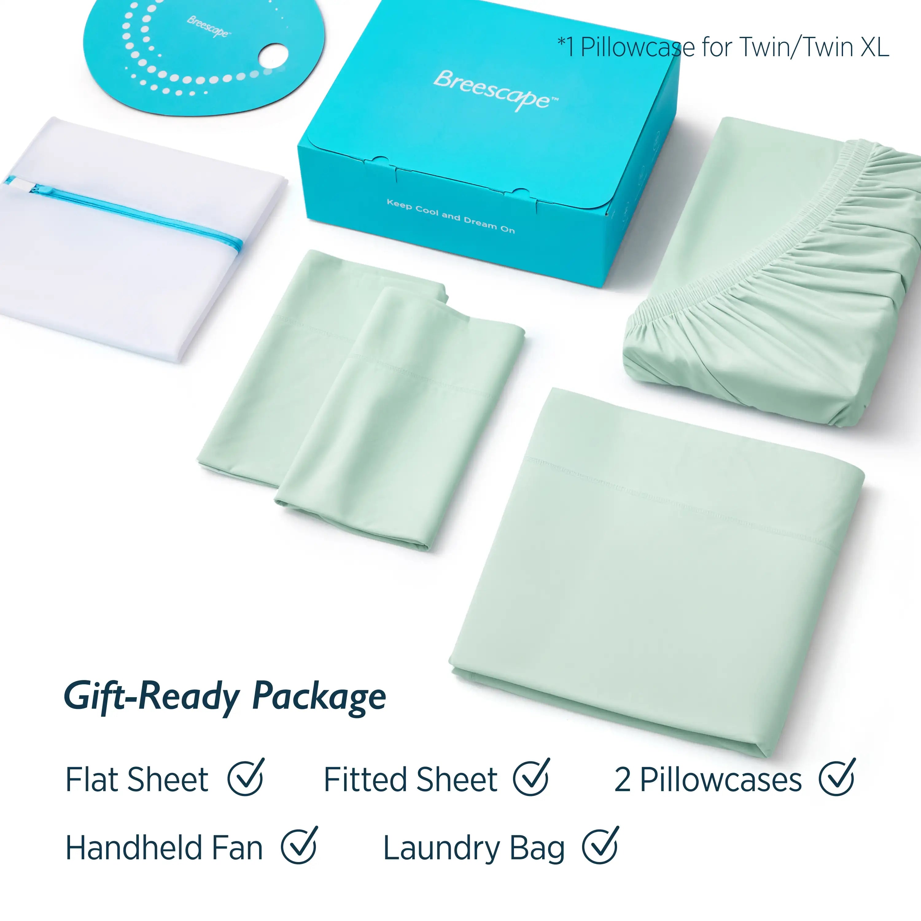 Breeescape bedding set with flat sheet, fitted sheet, pillowcases, handheld fan, and laundry bag on a white background.  #color_mint-green