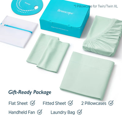 Breescape mint green cooling sheet set gift package with flat sheet, fitted sheet, pillowcases, fan, and laundry bag.