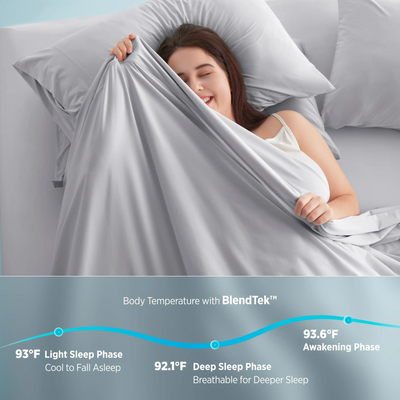 Woman enjoying cool, grey Breescape cooling sheets, showcasing BlendTek™ temperature control graph for sleep phases.