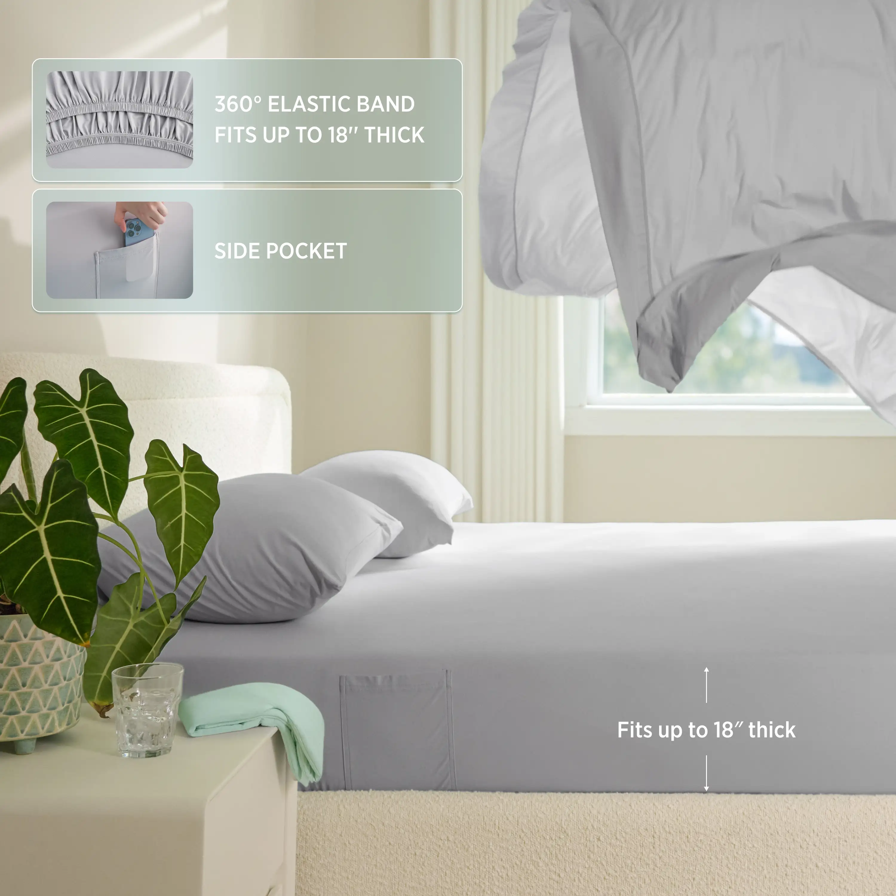 Gray fitted sheet with elastic band and side pocket on a bed in a bedroom setting. #color_misty-grey