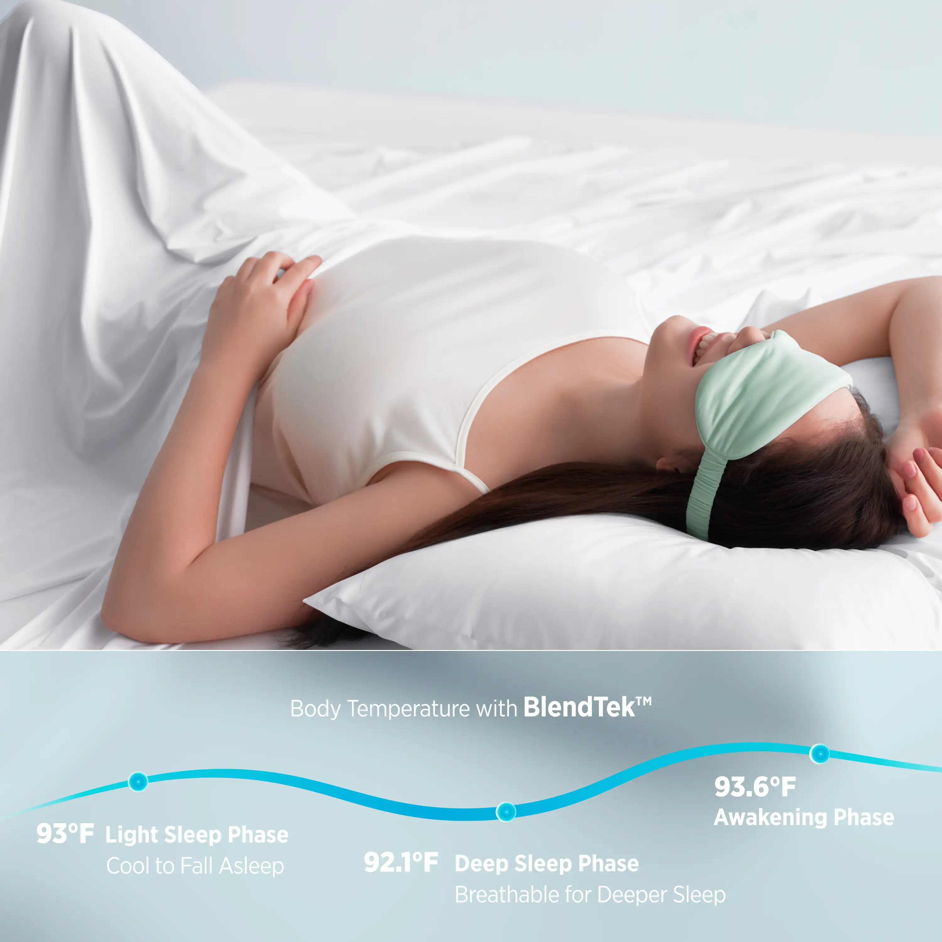 Woman sleeping with a BlendTek product, showing body temperature chart. #color_snow-white