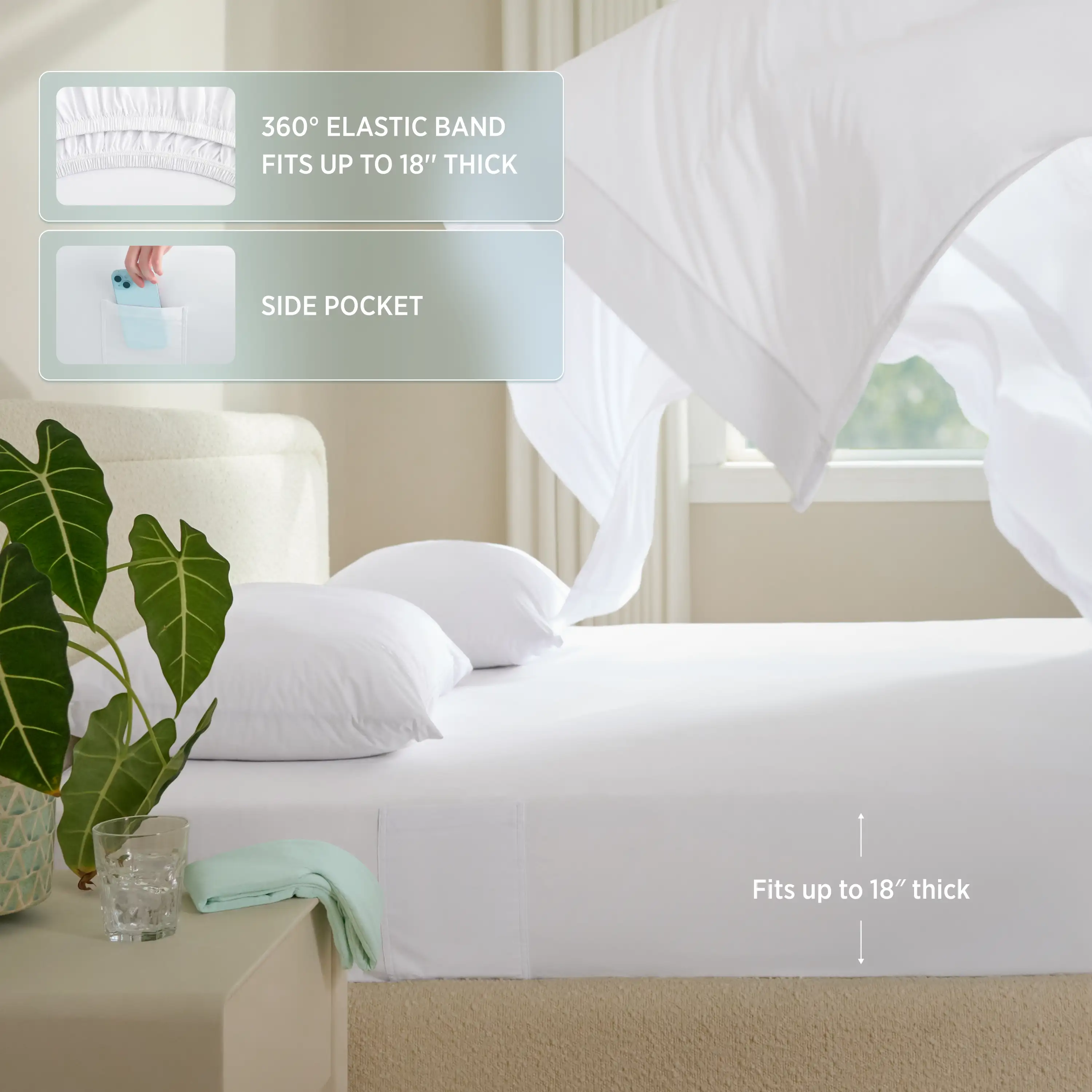 Bed with white bedding and canopy, featuring text about elastic band and side pocket. #color_snow-white