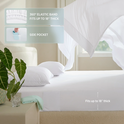 Bed with white bedding and canopy, featuring text about elastic band and side pocket. #color_snow-white