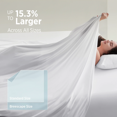 Breescape cooling sheets: up to 15.3% larger than standard sizes. Breathable fabric.