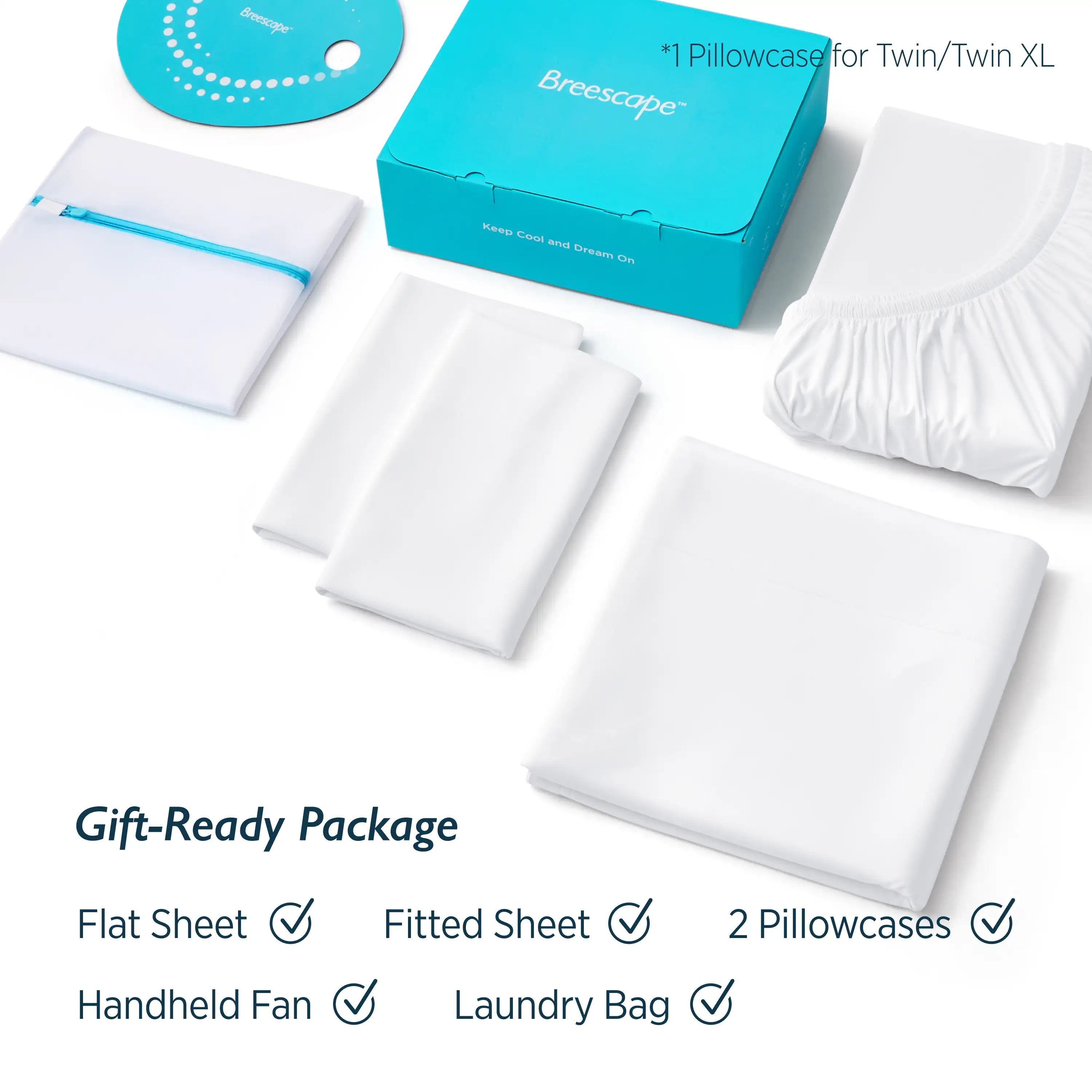 Breescape bedding set with flat sheet, fitted sheet, pillowcases, handheld fan, and laundry bag on a white background. #color_snow-white