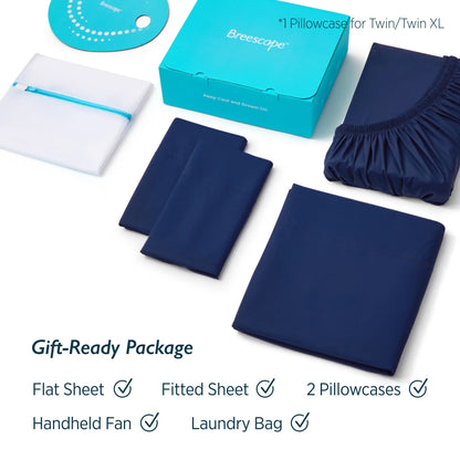 Breescape bedding set with flat sheet, fitted sheet, pillowcases, handheld fan, and laundry bag on a white background. #color_twilight-blue