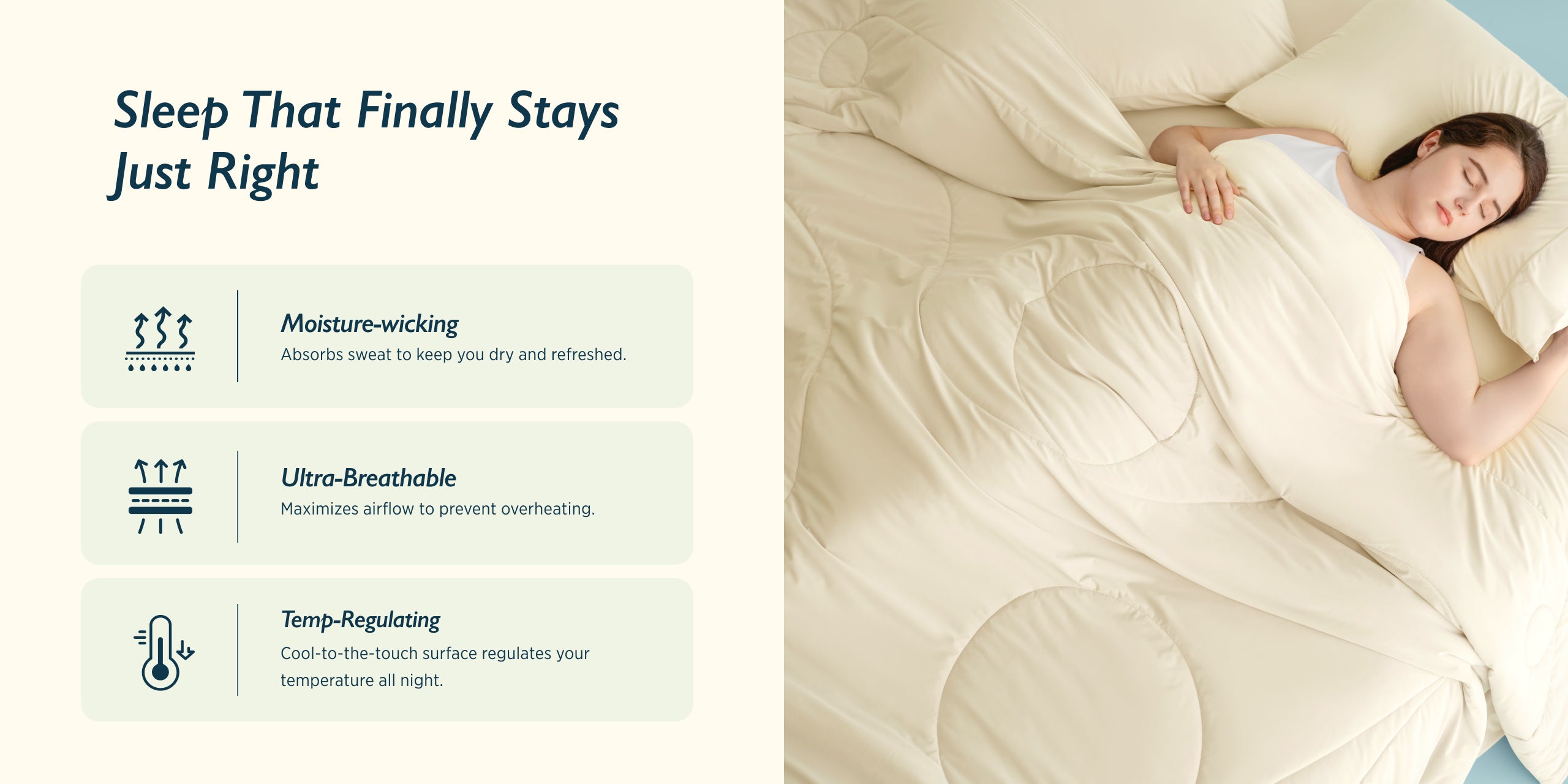Woman sleeping under a blanket with text about sleep quality and product features.