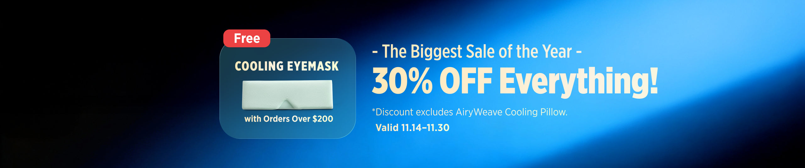 Promotional banner with cooling eyemask offer and discount text on a blue background