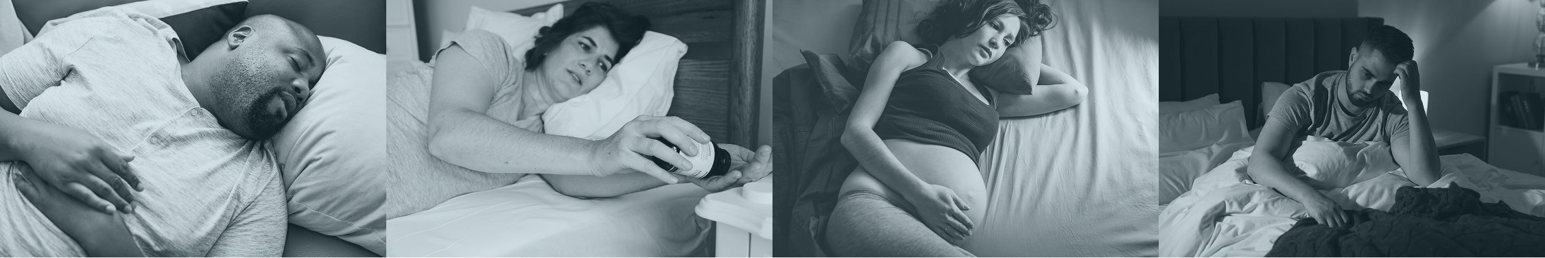 Collage of a woman lying in bed with a baby and a woman holding a baby in a dark room.